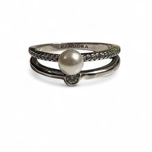 Pandora Silver Freshwater Cultured Pearl Pave Double Band Ring Size 5 NWT